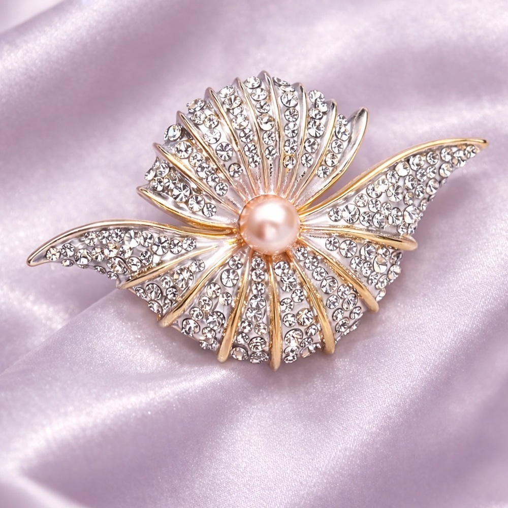 Art Deco Gold Silver Brooch with Pink Pearl - Picture 4 of 8